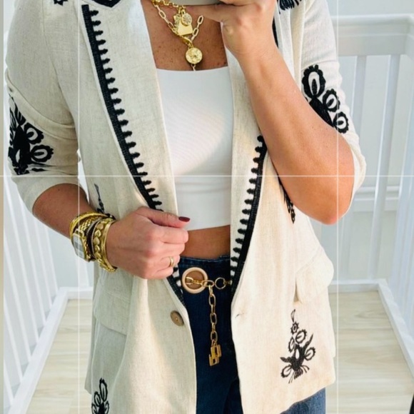 Jackets & Blazers - VAINILLA BEAN Embroidered Cream Jacket with Black Accents